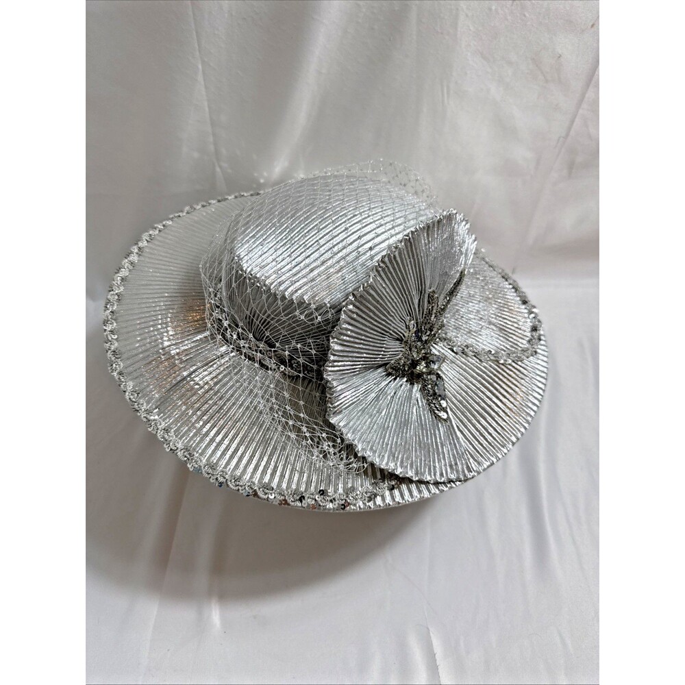 Women’s Silver Sequined Church Hat Wide Brim Size 7 1/2 Pleated Bow Fashion